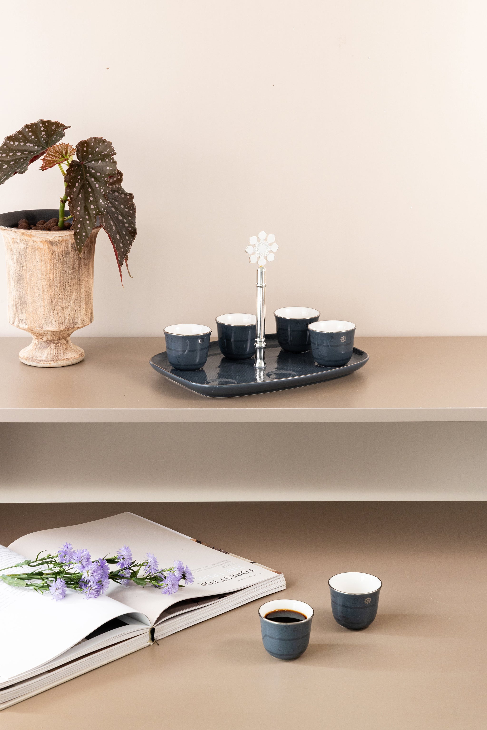 Arabic Coffee Set with Stand 7 Pcs by Miral - Blue & Silver