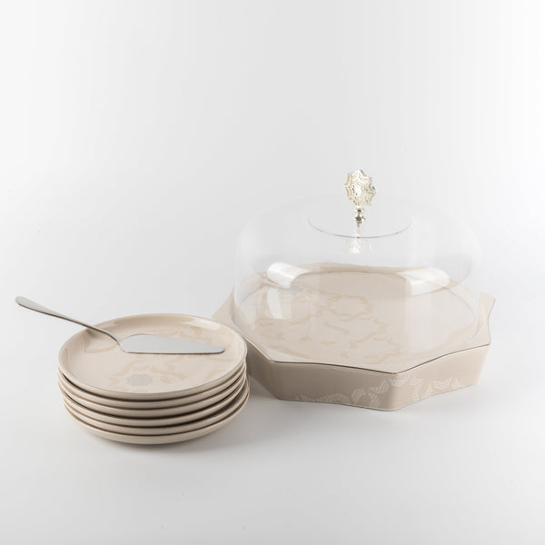 Okhtara 9-Piece Cake Serving Set - Beige + Silver