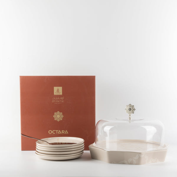 Okhtara 9-Piece Cake Serving Set - Beige + Silver