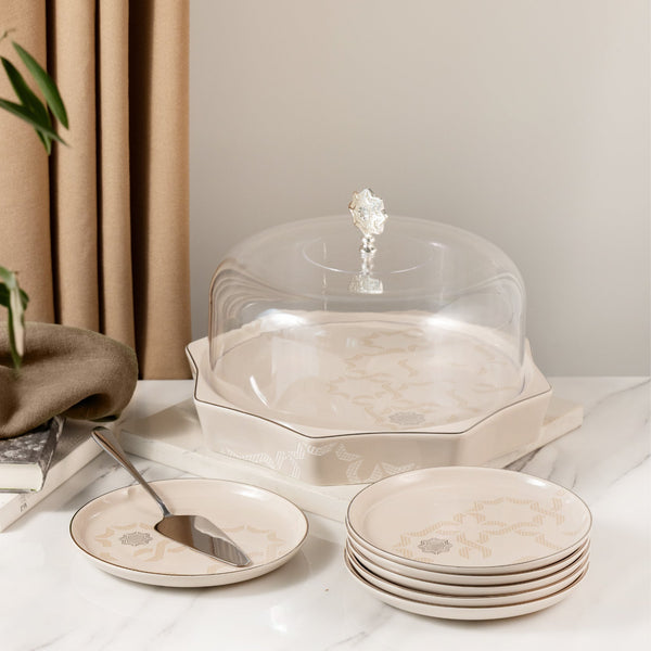 Okhtara 9-Piece Cake Serving Set - Beige + Silver