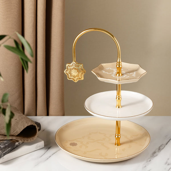 ستاند بورسلان 3 طبقات من اوكتارا – عاجي + ذهبي