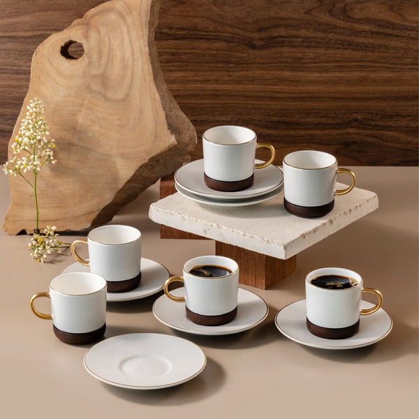 Cedra 12-Piece Porcelain Turkish Coffee Set - Coffee Wood + Gold Rim