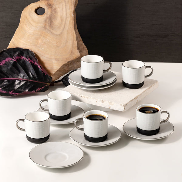 Turkish Porcelain Coffee Set 12-Piece by Sedra - Black Wood + Silver Rim