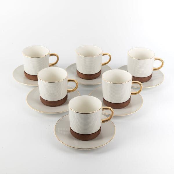 12-Piece Porcelain Tea Cup Set by Sidra - Coffee Wood + Gold Rim