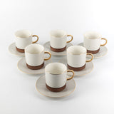 12-Piece Porcelain Tea Cup Set by Sidra - Coffee Wood + Gold Rim