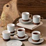 12-Piece Porcelain Tea Cup Set by Sidra - Coffee Wood + Gold Rim
