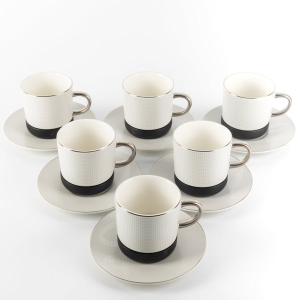 Cedra 12-Piece Porcelain Tea Cup Set - Black Wood + Silver Rim