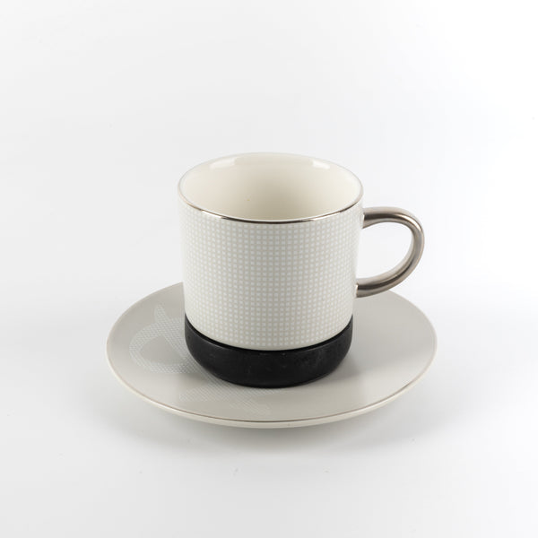 Cedra 12-Piece Porcelain Tea Cup Set - Black Wood + Silver Rim