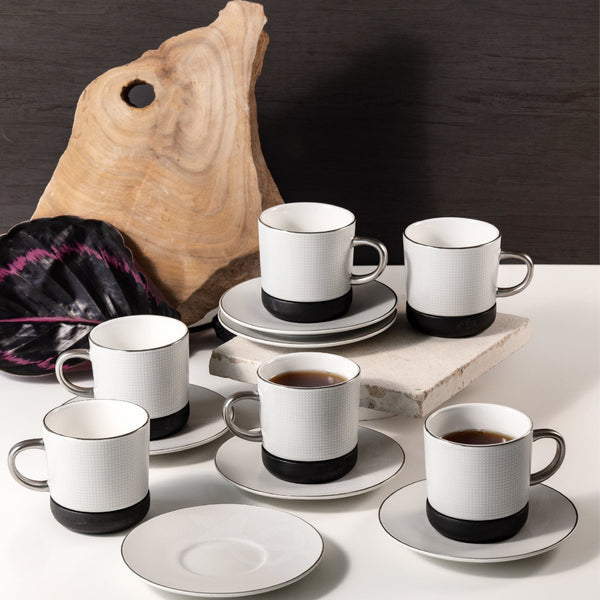 Cedra 12-Piece Porcelain Tea Cup Set - Black Wood + Silver Rim