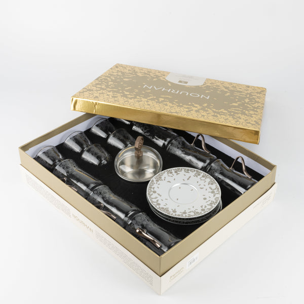 طقم الشاي والقهوة العربية 19 قطعة من نورهان - فضي مطفي + فضي لامع
