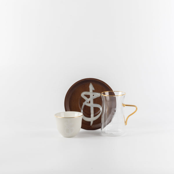 Sidra 19-Piece Arabic Tea and Coffee Set - Coffee Wood + Gold Rim
