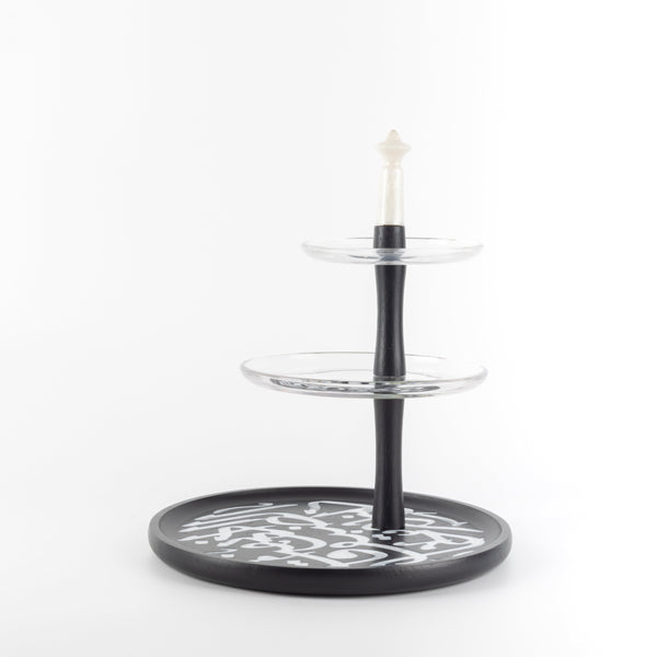 Porcelain 3-tier stand from Sidra - black wood + silver edge