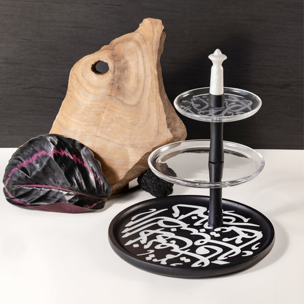 Porcelain 3-tier stand from Sidra - black wood + silver edge