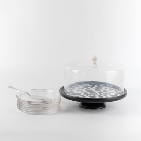 Cedra 9-Piece Cake Serving Set - Black Wood + Silver Rim