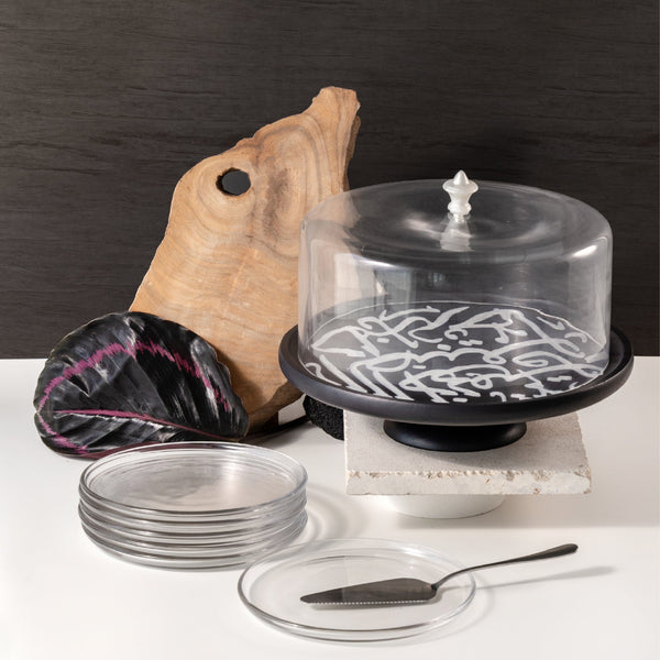 Cedra 9-Piece Cake Serving Set - Black Wood + Silver Rim